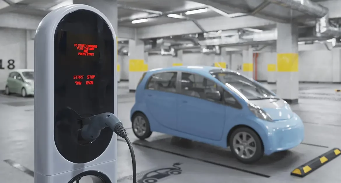 Carregamento de carro elétrico na garagem de um prédio