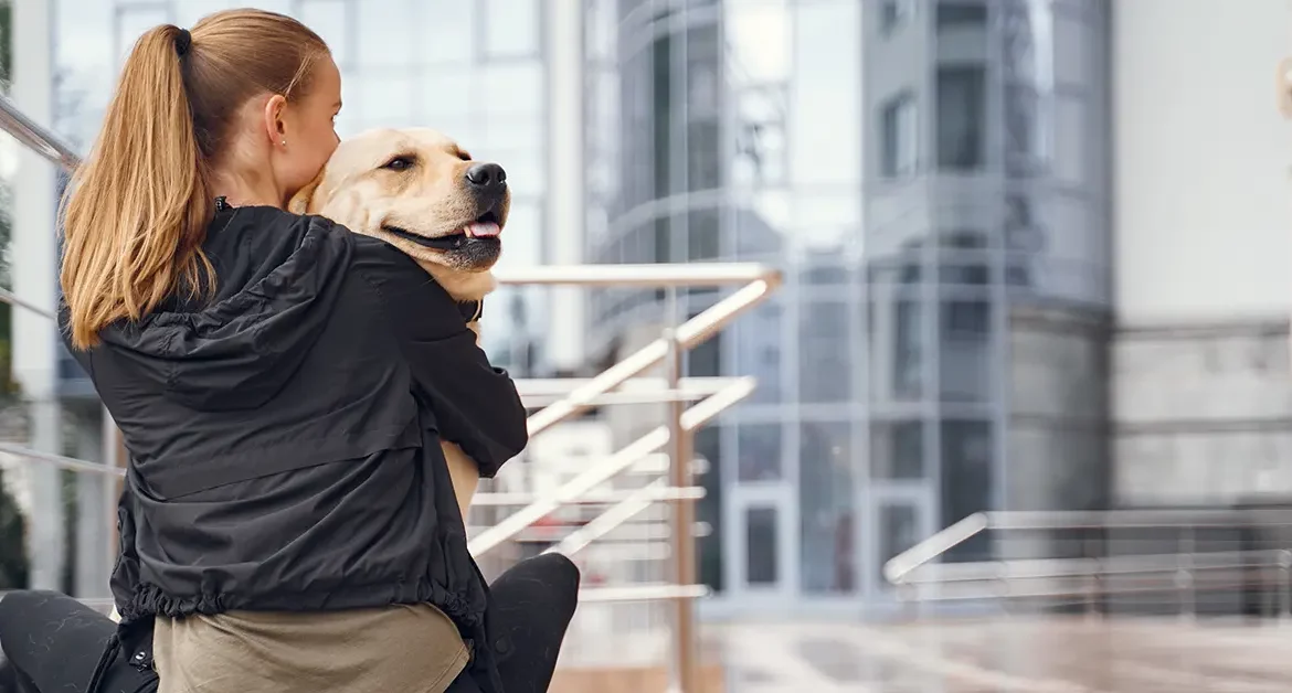 Cachorro abraçado a tutora
